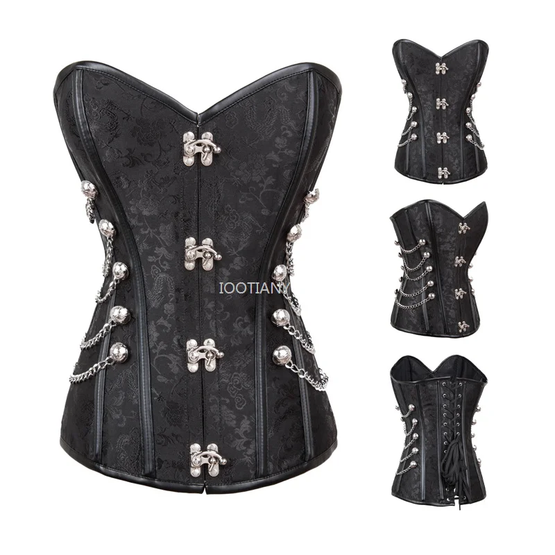 

Fashion Sexy Black Jacquard Steel Bone Corset Courtly Retro Renaissance Bustier Spiral Steel Boned Steam Punk Overbust Corsets