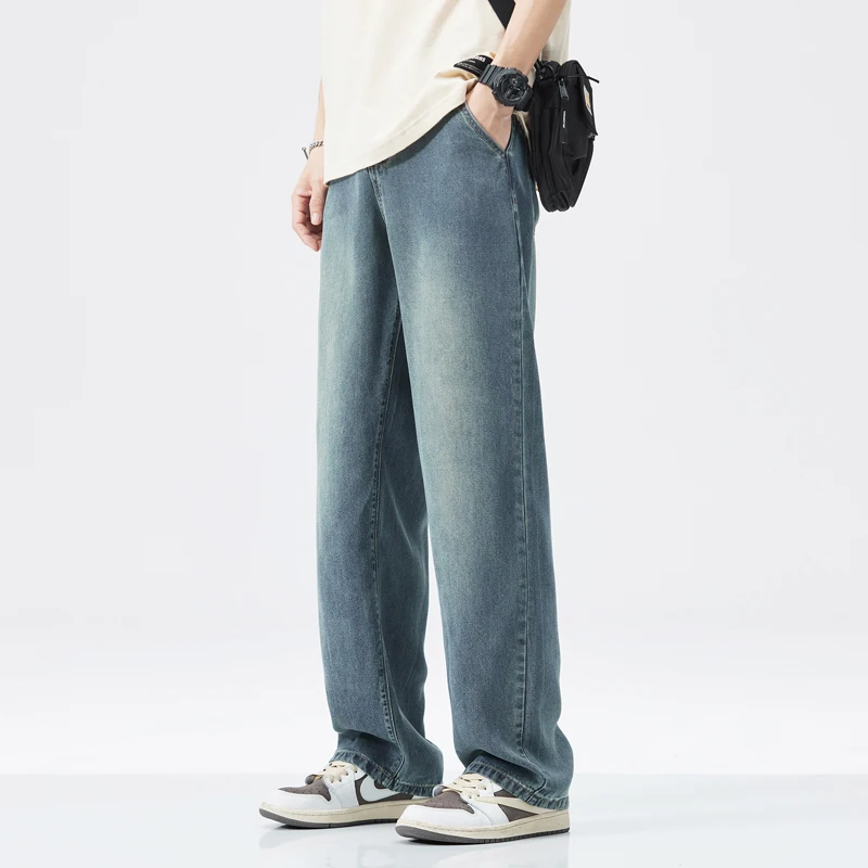 Lyocell Soft Cozy Jeans Men's Autumn Vintage Fashion Street Denim Trousers Male Clothes Korea Baggy Straight Casual Pants Blue 6