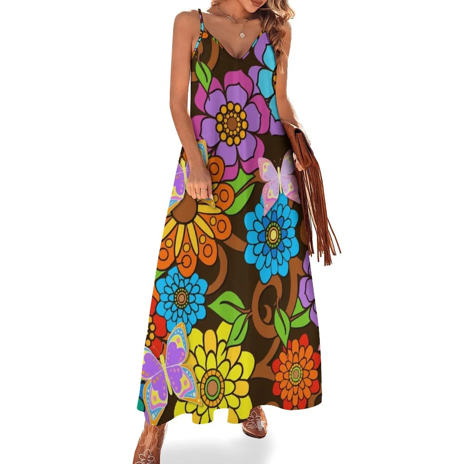 

Funky Retro Flowers and Butterflies Art Sleeveless Dress evening dresses ladies women's elegant loose dresses