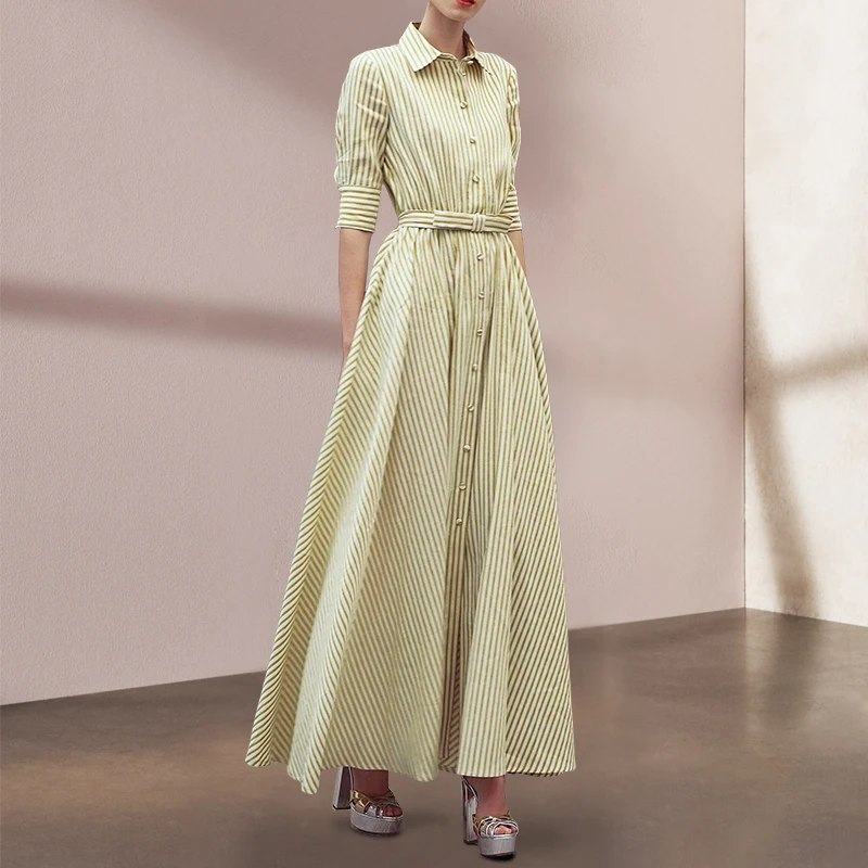 

New In Summer Dress Women 2023 Vintage Turn-down Collar Short Sleeve Pleated Long Dresses Yellow Striped Robe Femmes