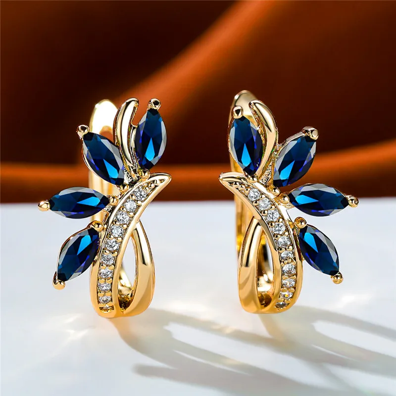 Luxury Female Purple Green Blue Leaf Flower Clip Earrings Vintage Gold Color Wedding Jewelry For Women