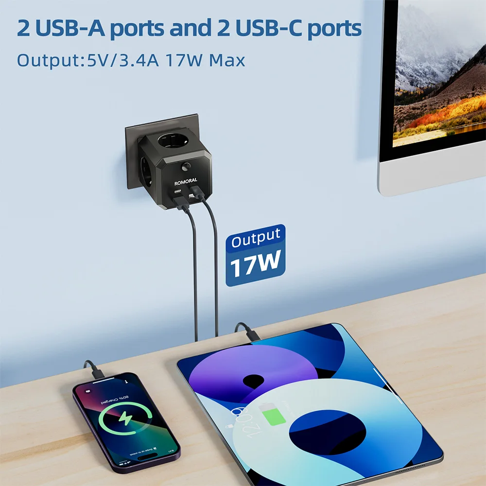Power Strip EU Power Strip 4AC Multipriser 250V 16A USB Plug Wall Charger Multiple Sockets Extender For Home Office