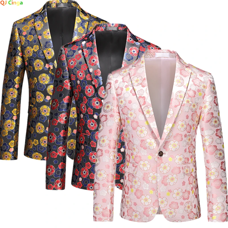

Jacquard Fabrics Men's Suit Jacket Wedding Party Dress Coat Men Fashion Slim Fit Blazers Gold Red Costume Homme Big Size M-6XL