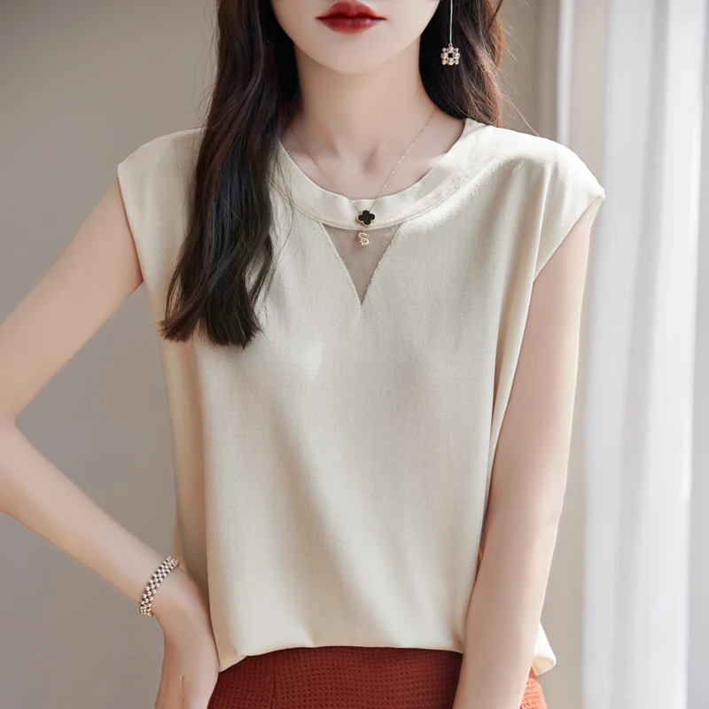 

Women's T-shirt Summer Worsted Wool Sweater Short Sleeve Casual Knitwear Ladies' Clothes Round Neck Hollow Tops Loose Lace Blous