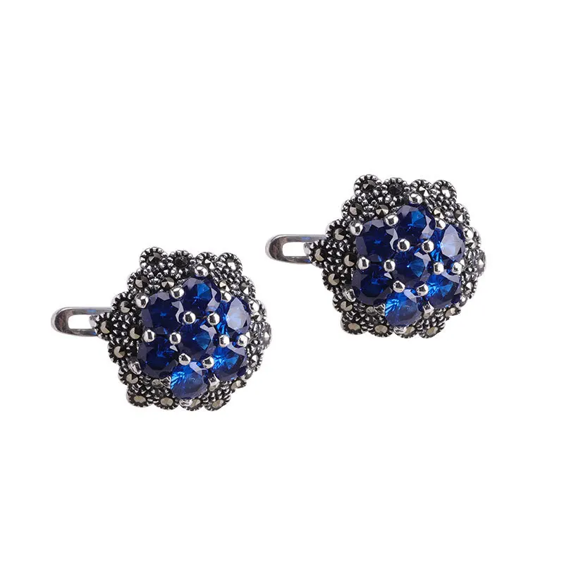 Boucles D'oreilles Clips Argent Sterling 925 - Grenat Et Marcassite - Vintage - Très Bon état
