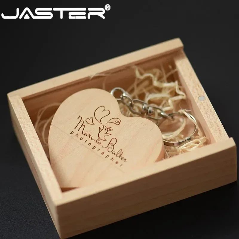 JASTER Free Custom Logo Walnut Wooden Heart + Gift Box USB Flash Drive 8GB-64GB Memory Stick U Disk
