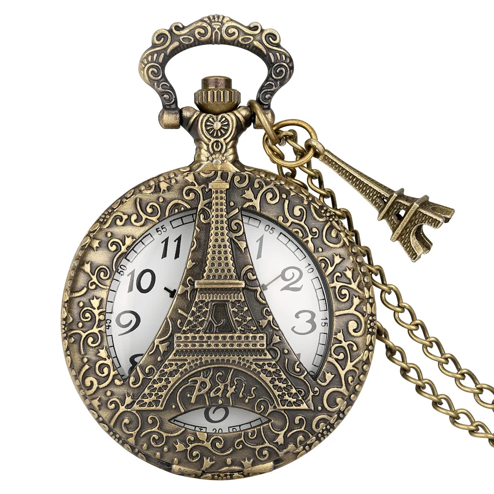 

Retro Bronze Eiffel Tower Necklace Pocket Watch Souvenir Gift Unisex Quartz Pendant Pocket Clock Arabic Numerals Dial