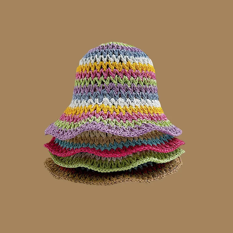 Summer Rainbow Striped Bucket Hat Woman Crochet Beach Fisherman Hat Foldable Handmade Weave Sun Female Panama