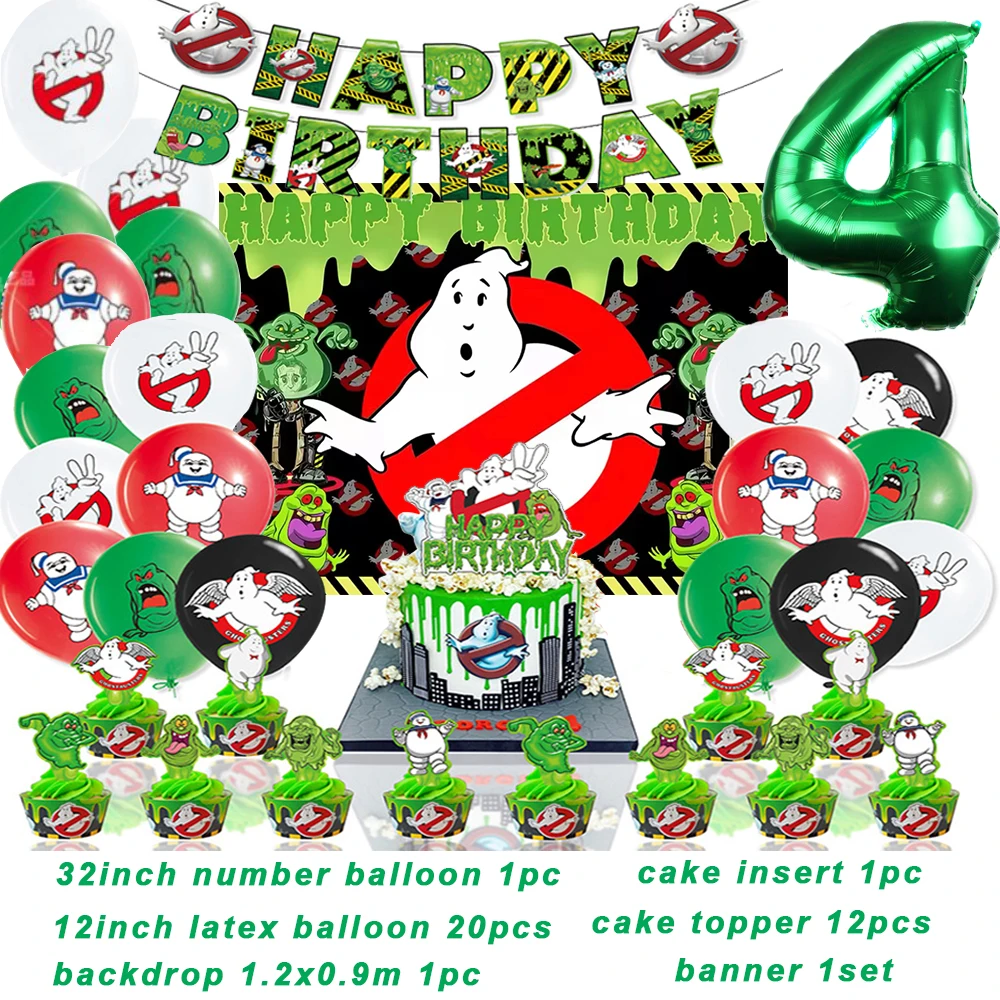 Cartoon Ghostbusters Thema Geburtstags feier liefert Jungen grünen Geist Ballon Banner Hintergrund Kuchen Topper Kinder Baby Dusche Geschenk – Detail 16