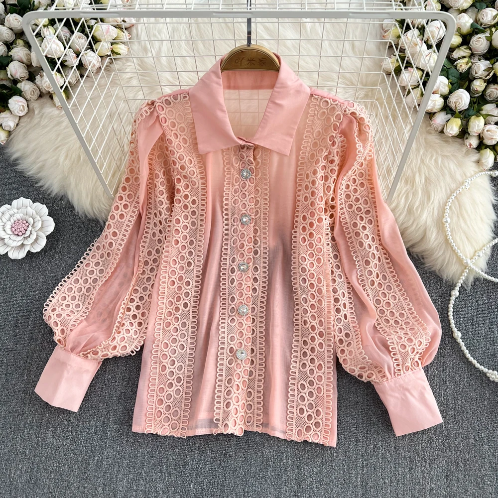 

Summer New Retro Temperament Hollow Lace Lace Stitching Bubble Long-sleeved Shirt Women's Western Style Loose Top