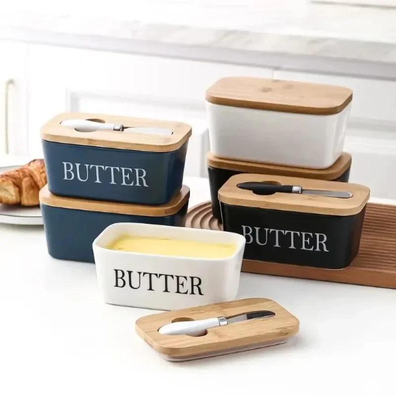 Ceramic Butter & Cheese Storage Box with Bamboo Lid Built-in Knife & Butter Slicer Kitchen Restaurant Storage Container