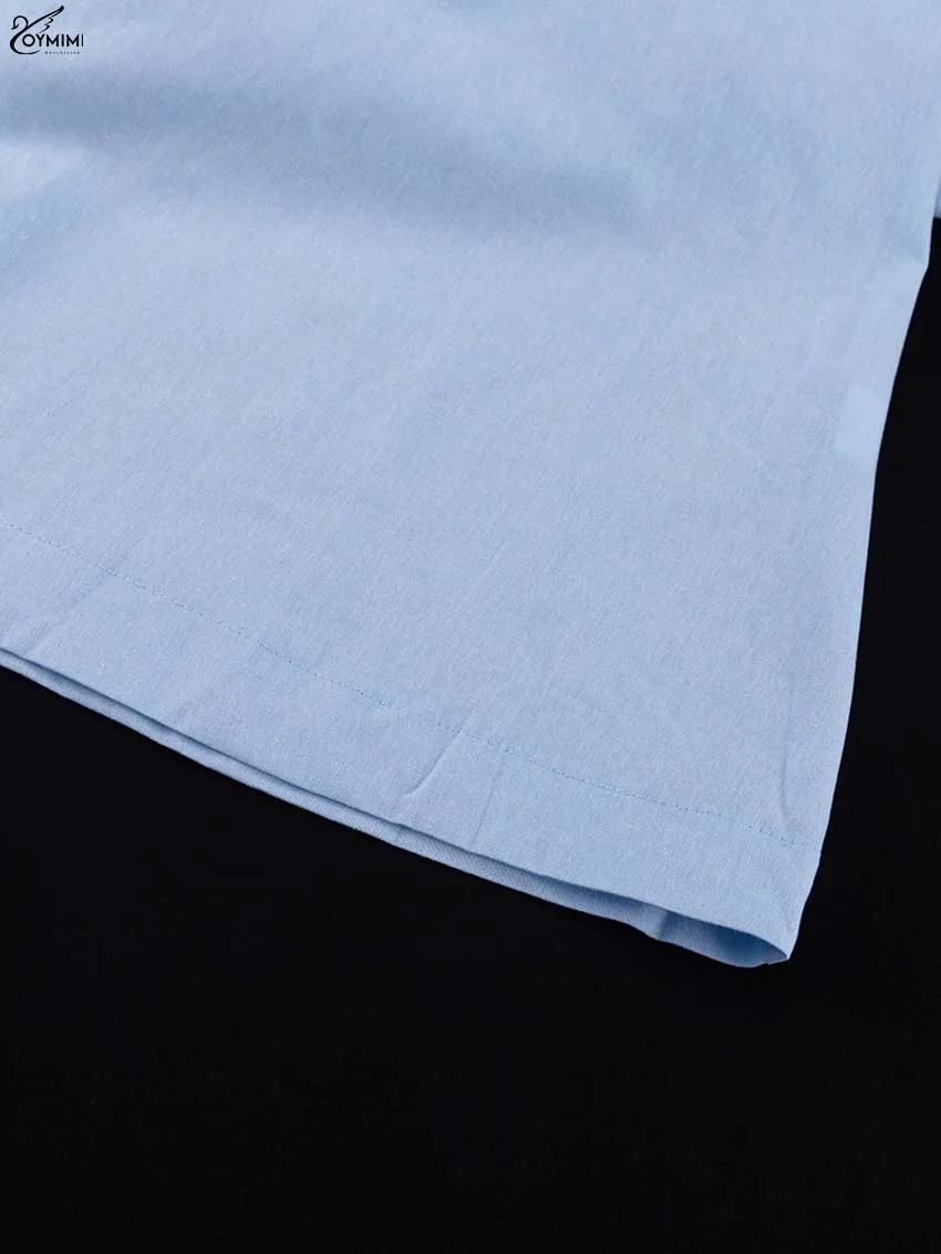 Oymimi Elegant Blue Cotton 2 Pieces Set For Woman Fashion O-Neck Short Sleeve Button Shirts And High Waist Mid-Calf Skirts Sets