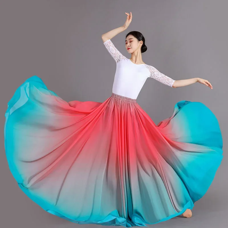 Women Flamenco Dresses Women Classical Dance Stage Performance Dancing Skirts 720 Degree Costumes Multicolour Gradient Flamenco Dance Performer Skirts