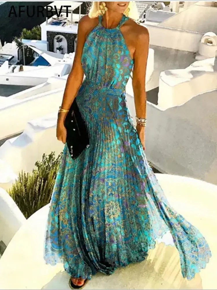 

2023 New Summer Women's Midi Beach Floral Dresses Fashion Print Sexy Backless Mounted-Neck Elegant Temperament Ladies Boh Dress