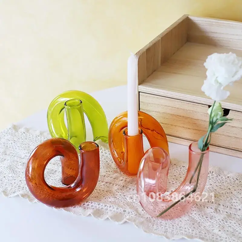 Glass Candle Holder Twisted Shape Hydroponics Plant Vase Room Dining Table Accessory Wedding Home Decoration Candlesticks Craft