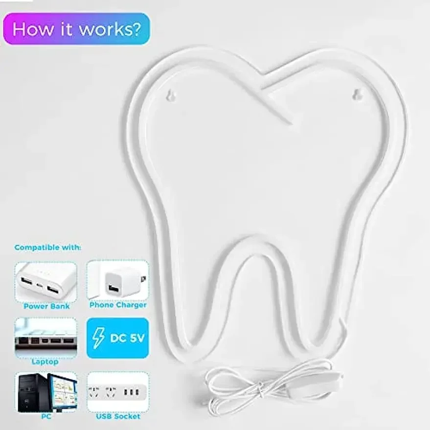Description Picture 4 of itemTooth Neon Sign Teeth Sign LED Neon Light Sign Dental Office Decor Wall Hangings Large Led Neon Lights Dentistry Wall Decoration