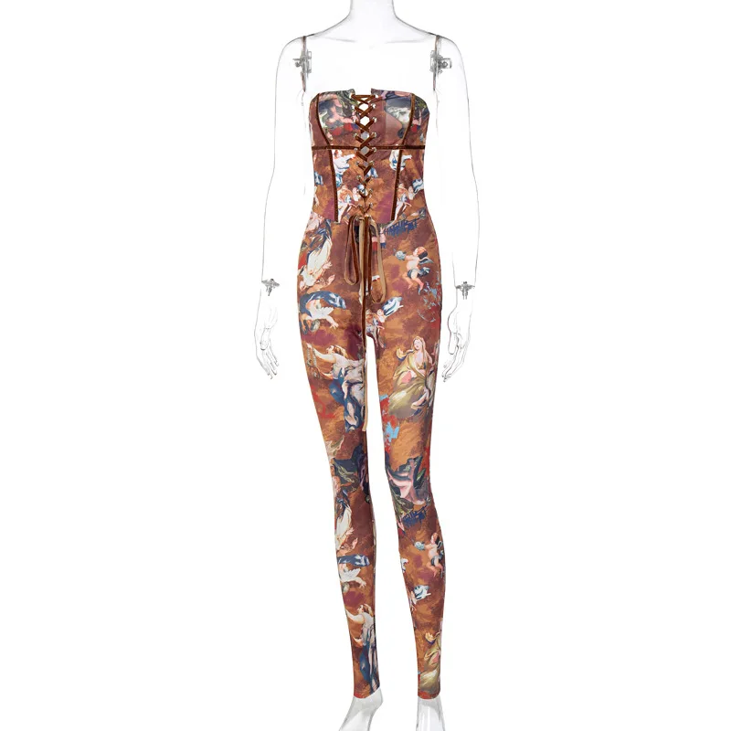 Fashion Print Off Shoulder Women Jumpsuits Sexy Lace Up Workout Active Wear Fashion Overalls One Piece Bodycon Rompers Clubwear