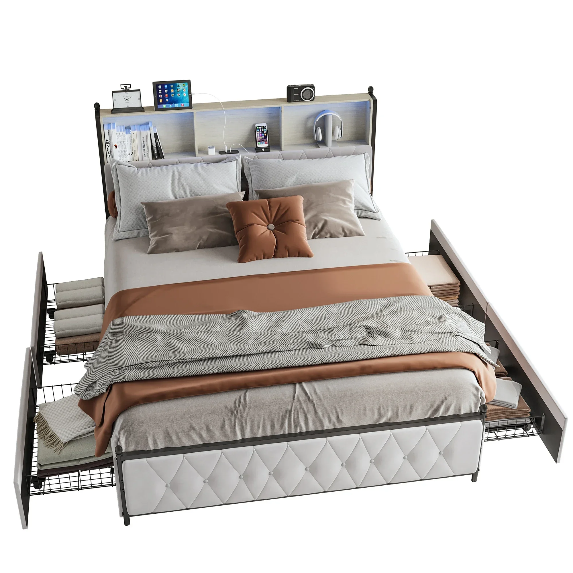 Anajqaqia Polsterbett – 140 x 200 cm großes Doppelbettgestell – Bett mit Stauraum, LED-Beleuchtung und vier Schubladen – Detail 3