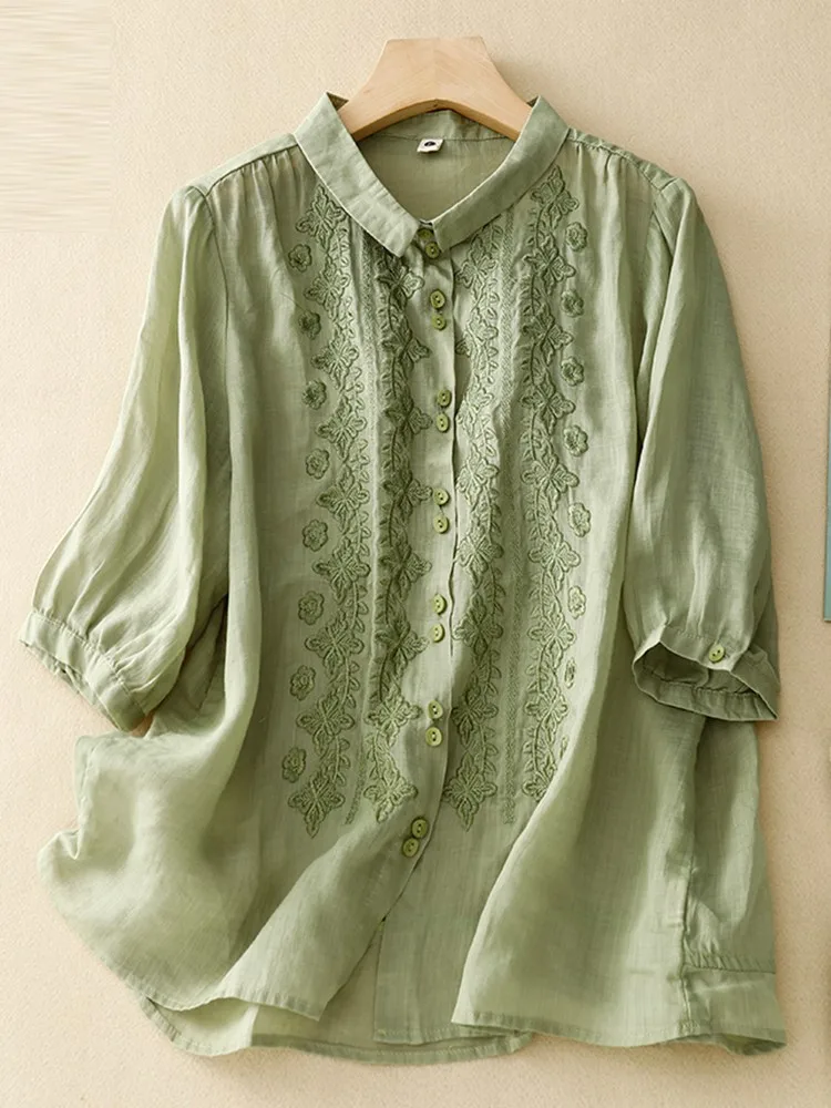 

High Quality Casual Shirts Women New Arrival 2023 Summer Vintage Style Embroidery Cotton Female Half Sleeve Tops Shirt B2801