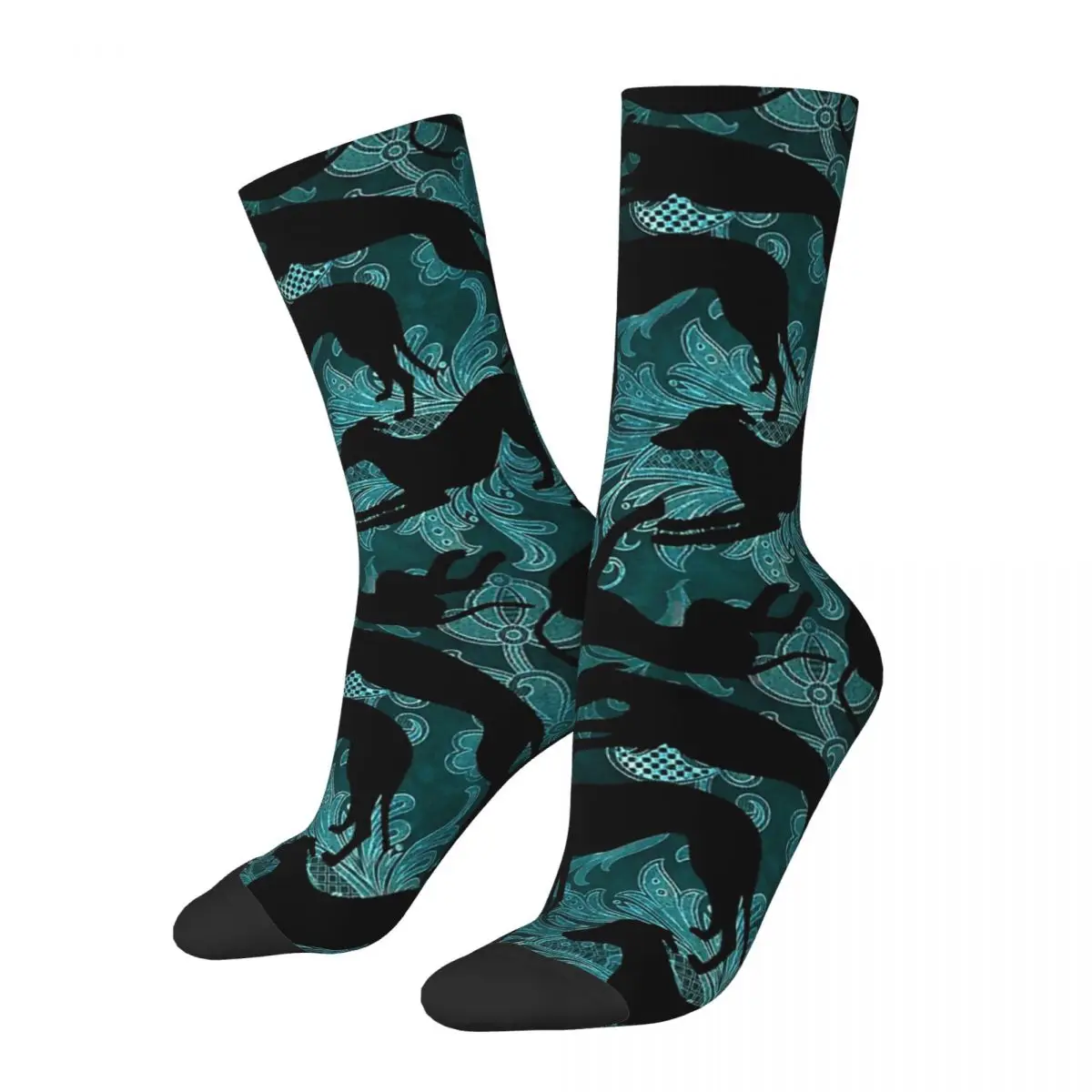 

Cyan Damask Silhouetted Geryhound Greyhounds Dog Unisex Winter Socks Cycling Happy Socks Street Style Crazy Sock