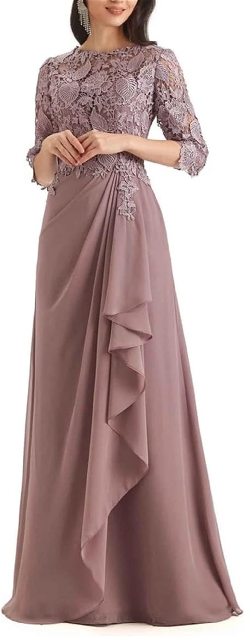Women's Mother of the Bride Dress for Wedding Lace Leaf Appliques 3/4 Sleeves Ruched Chiffon Party Prom Evening Gowns