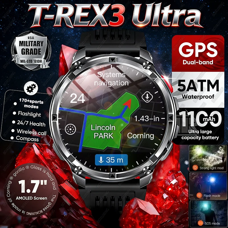 2026 New T-Rex3 Ultra 1100mAh Super Capacity Battery Adult Men Smart Watch 1.7" Large Screen Call 5ATM Waterproof Sports Watches 1