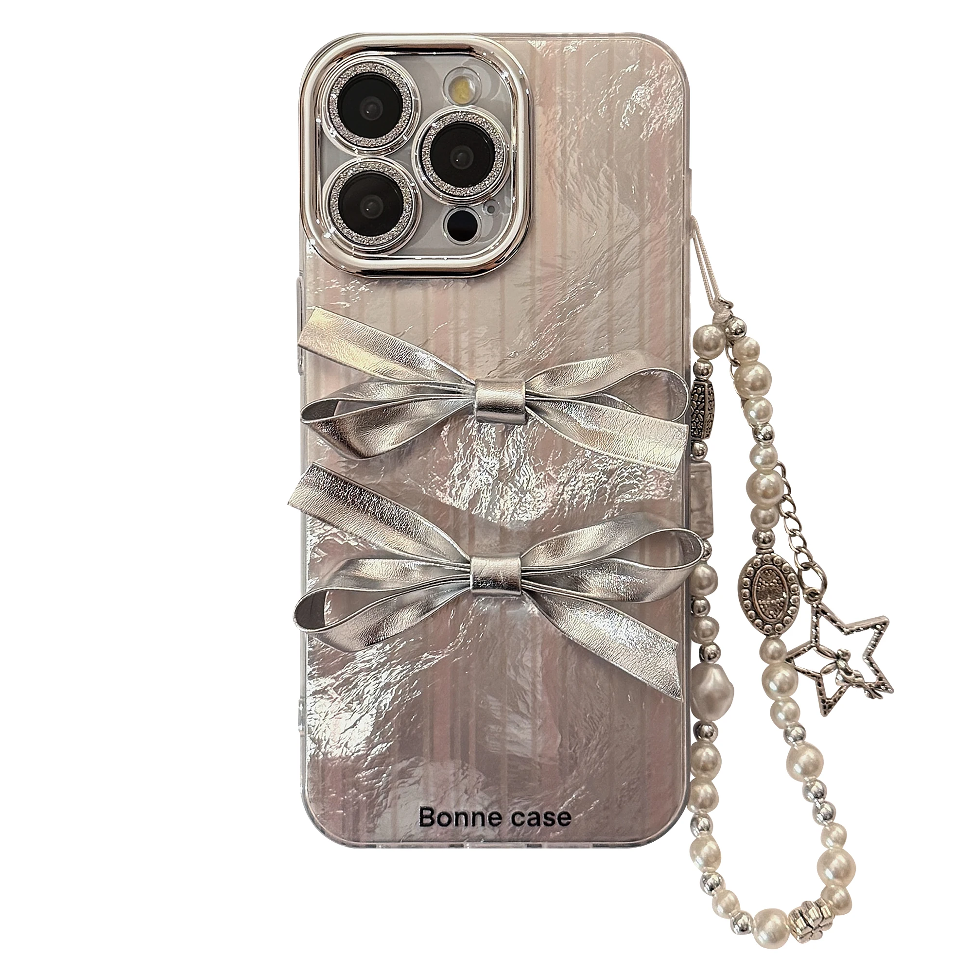 Ins Electroplated Silver Edge 3D Two Bowknots Bracelet Phone Case for iPhone 16 15 14 13 12 Pro Max 11 Back Cover Funda