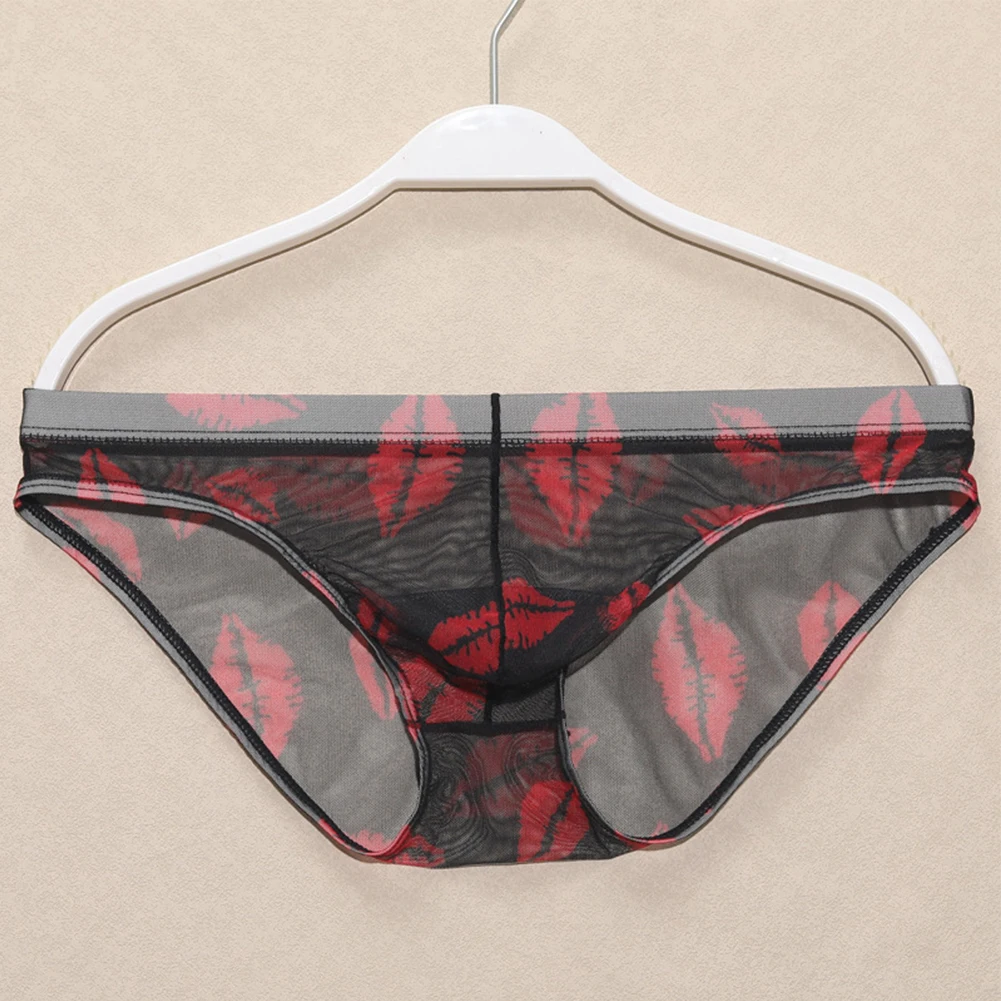 

Men Sexy Briefs Mesh Printed Panties Hight Cut Translucent Knickers Bulge Pouch Underwear Ultra-Thin Quickly Dry Underpants