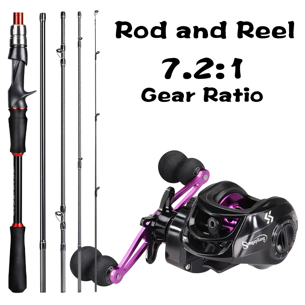 Sougayilang Baitcasting Fishing Rod Set 1.8/2.1M 6-sections Fishing Rod and 5.2:1 Gear Ratio Fishing Reel Casting Reel Kit