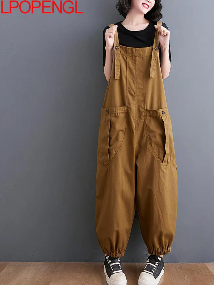 

Women's Vintage Solid Jumpsuits Casual Summer Overalls Pockets Suspender Playsuit Female Drop Crotch Pants Oversized Overalls