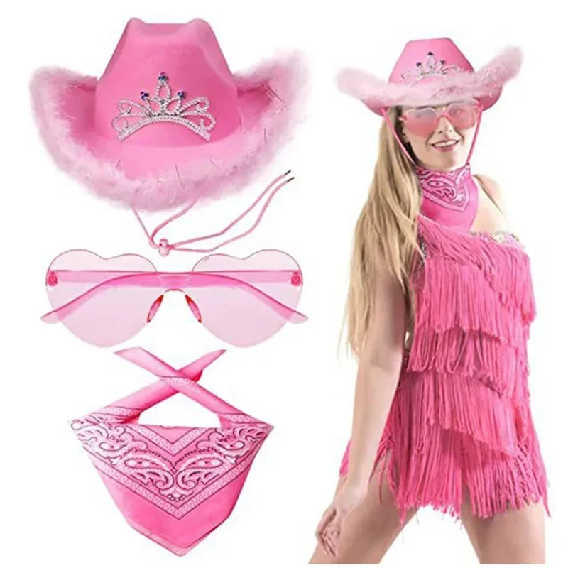 3PC Cowboy Decoration Set  Women Pink Cowgirl Fluffy Cowboy Glitter Hat Carnival Costume Accessory for Party Wear Ha