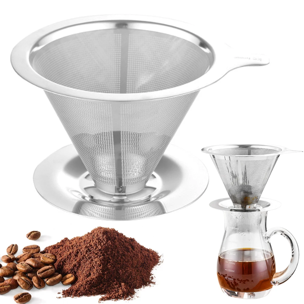 

Stainless Steel Pour Over Coffee Dripper Reusable Coffee Filter Paperless Coffee Metal Cone Filter Double-Layer Fine Mesh Filter