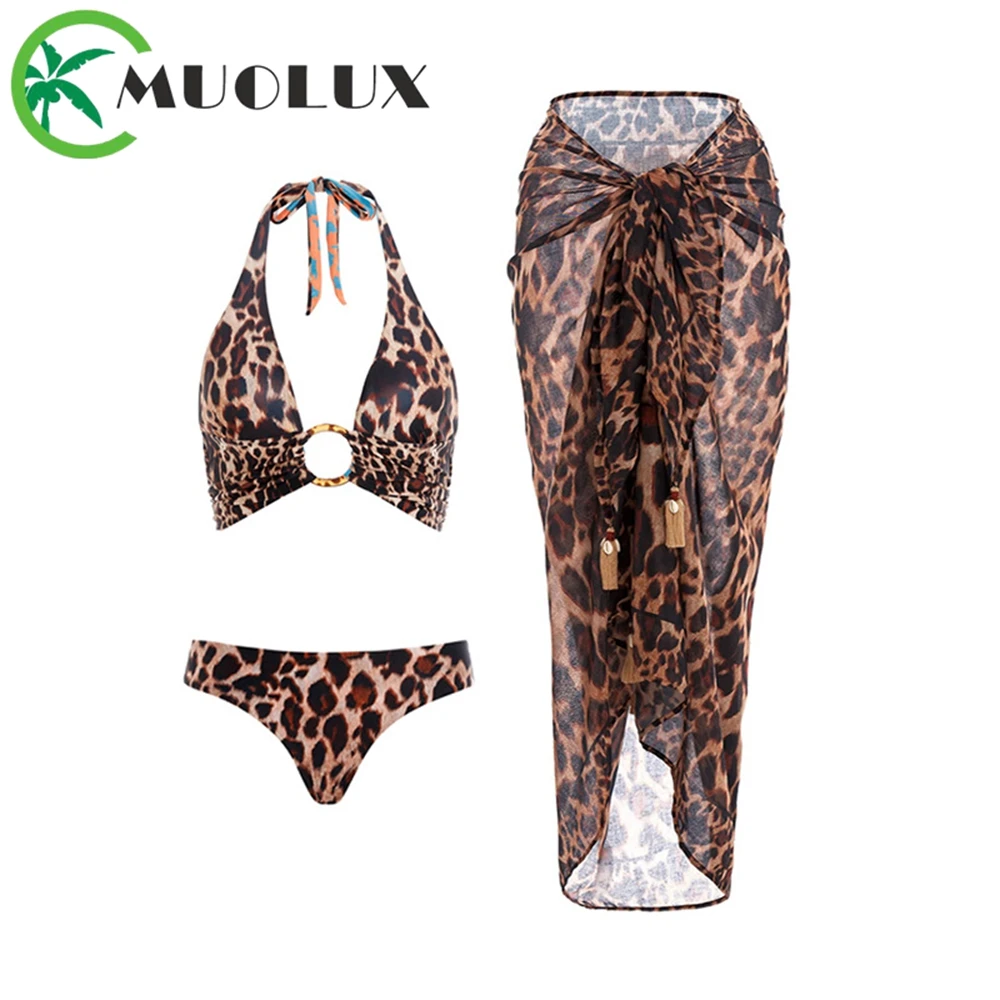 

MUOLUX 2023 Sexy Leopard Print 3 Pieces Push Up Bikini Set Swimwear Women Swimsuit Skirt Dress Brazilian Bathing Suit Beachwear