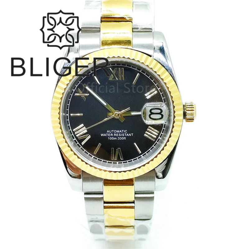 

BLIGER 36mm/39mm Black Yellow Gold Roman Numeral Dial Watch For Men Two tone Case Japan NH35 Date Dispaly Relojes para hombre