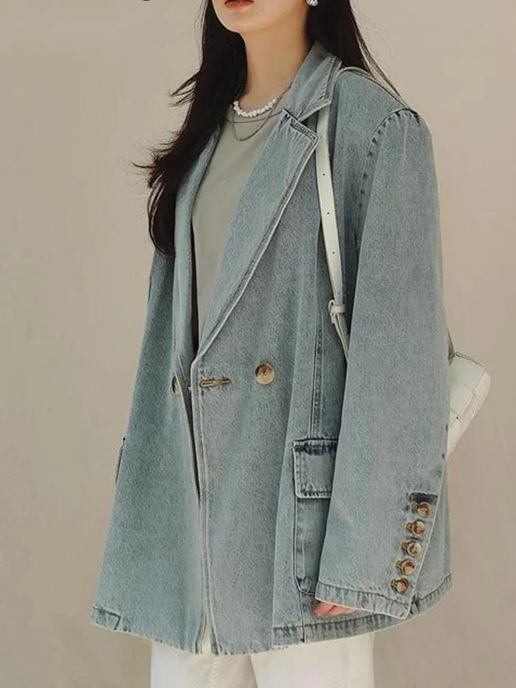 

NICEWOMEN [In Stock] Denim Blazer For Women 2023 Autumn New Fashion Casual Temperament Suit Coat Female Trend Versatile AH138