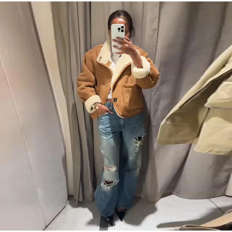 Wende-Lammfelljacke für Damen, Beige, Braun, zweiseitig, Stehkragen, Knopfverschluss, Taschenmantel, 2022, Herbst, Damen-Freizeitkleidung – Detail 21