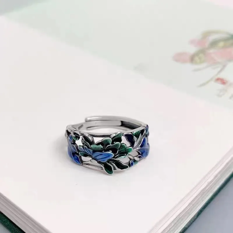 925 シルバー七宝ブルーグリーンエナメルクラフト牡丹の花リング女性の