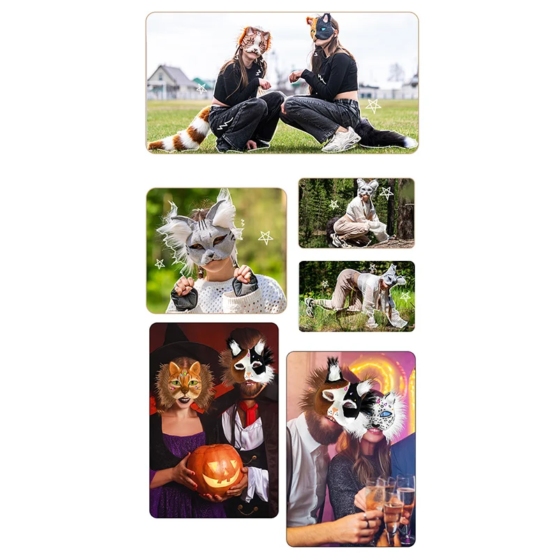 SunaOmni Therian kattenmasker met ooggaas om te schilderen, 5 stuks kattenmasker PVC dierenmasker, Therian-masker met elastische band, harig masker, doe-het-zelf kostuumrekwisieten voor cosplay