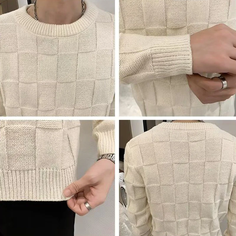 Autumn Winter Plaid Fashion Harajuku Sweaters Men Casual Male Clothes Knitwear Undershirt O Neck Long Sleeve Tops Thick Pullover