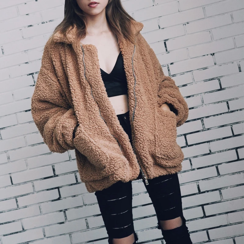 Faux Fur Coat Women 2022 Casual Warm Soft Zipper Fur Jacket Plush Overcoat Pocket Oversize Teddy Coat Female Autumn Winter