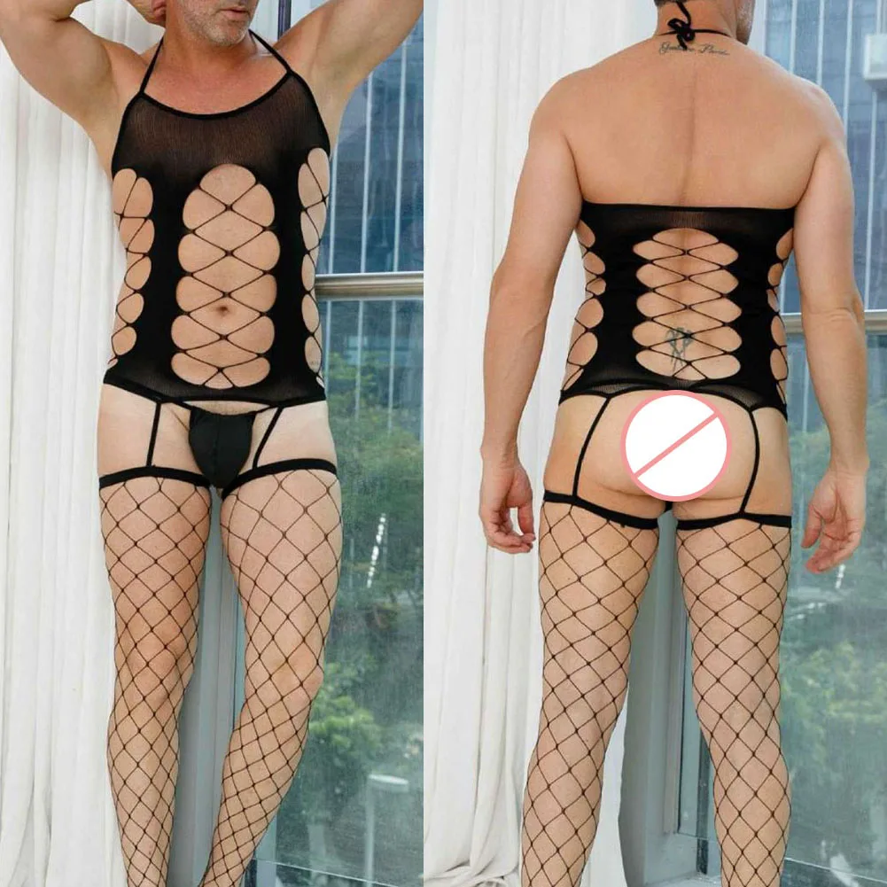 

Hollow Out Men Gay Sissy Sexy Lace Mesh Fishnet Bodystocking See Through Lingerie Bodysuit Nightgown Nightwear
