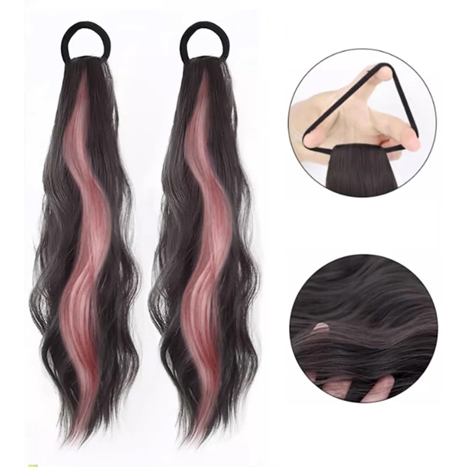 Synthetic Ponytail Hair Extensions Black Blonde Pink Braided Hairpiece