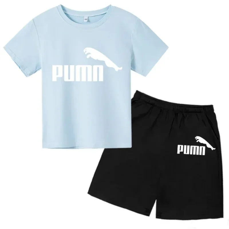 thumbnail image 1 of Conjunto de dos piezas de camiseta y pantalón corto de algodón con estampado informal de moda de verano para niños y niñas de 2 a 12 años, 1 of 5