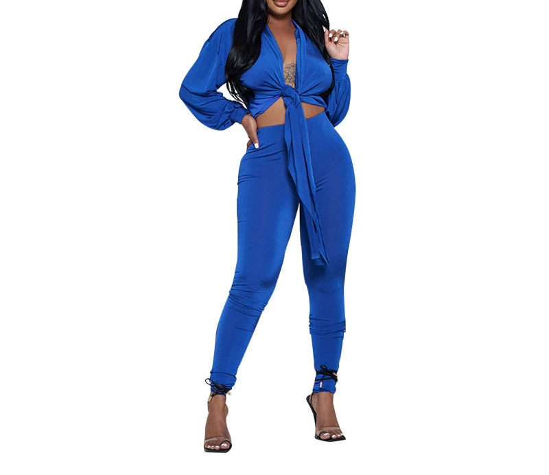 New Solid Color Cardigan Knot Long Sleeved Women's Two-piece Fashion Casual Leggings Suit Lady Sexy Pants Set Elegant Clothes