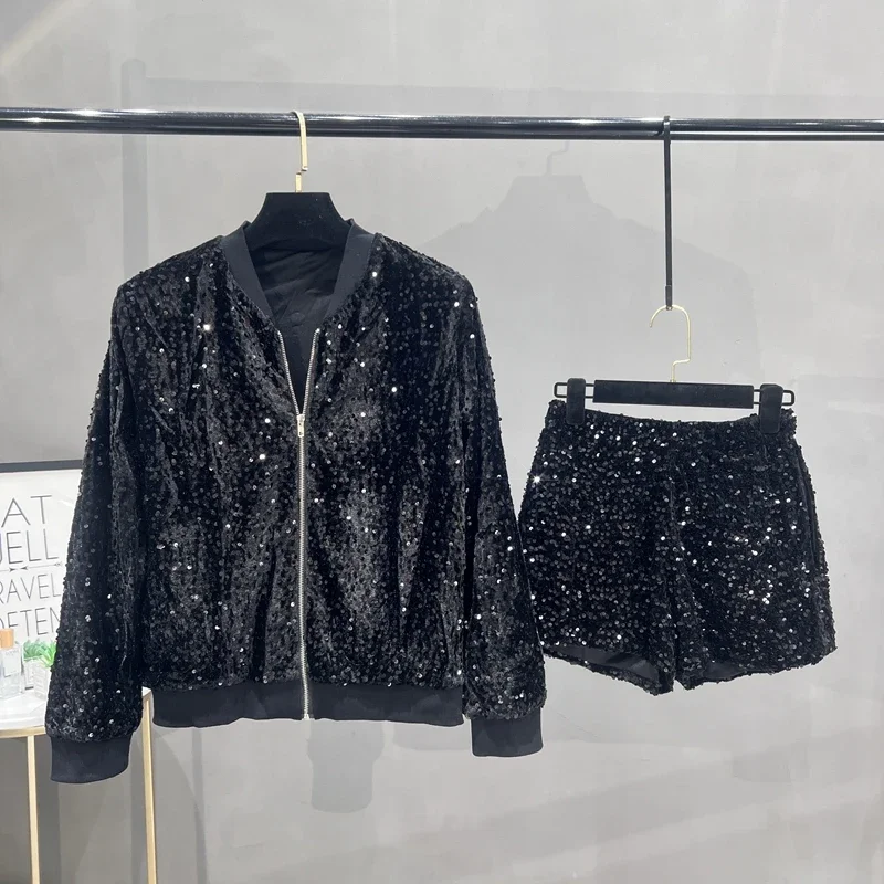 Premium Sequined Coat Women's Suit Jacket Zipper Top Baseball Uniform Casual Versatile and Thin Two-piece Women's Fashion 5