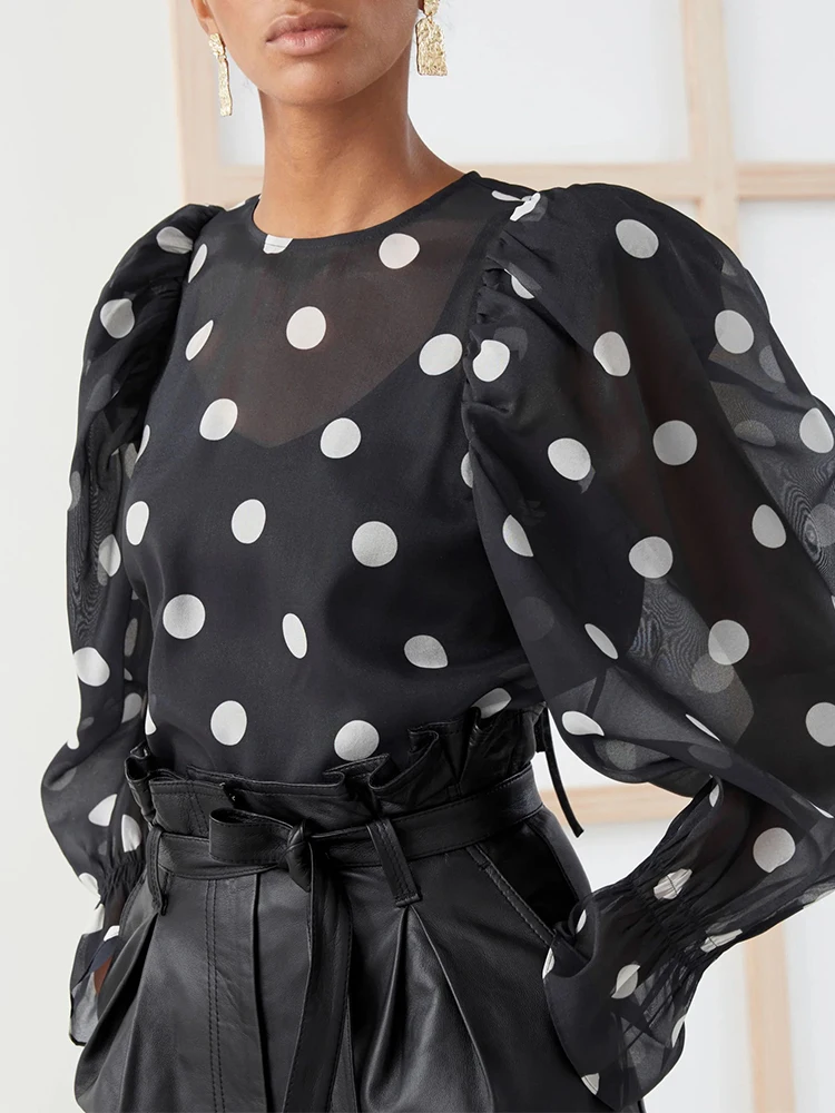 

Chiffon Blouse for Women Sheer Puff Sleeve Round Neck Spring Fashion Polka Dot Print Casual Elegant Transparent Shirt Tops 2024