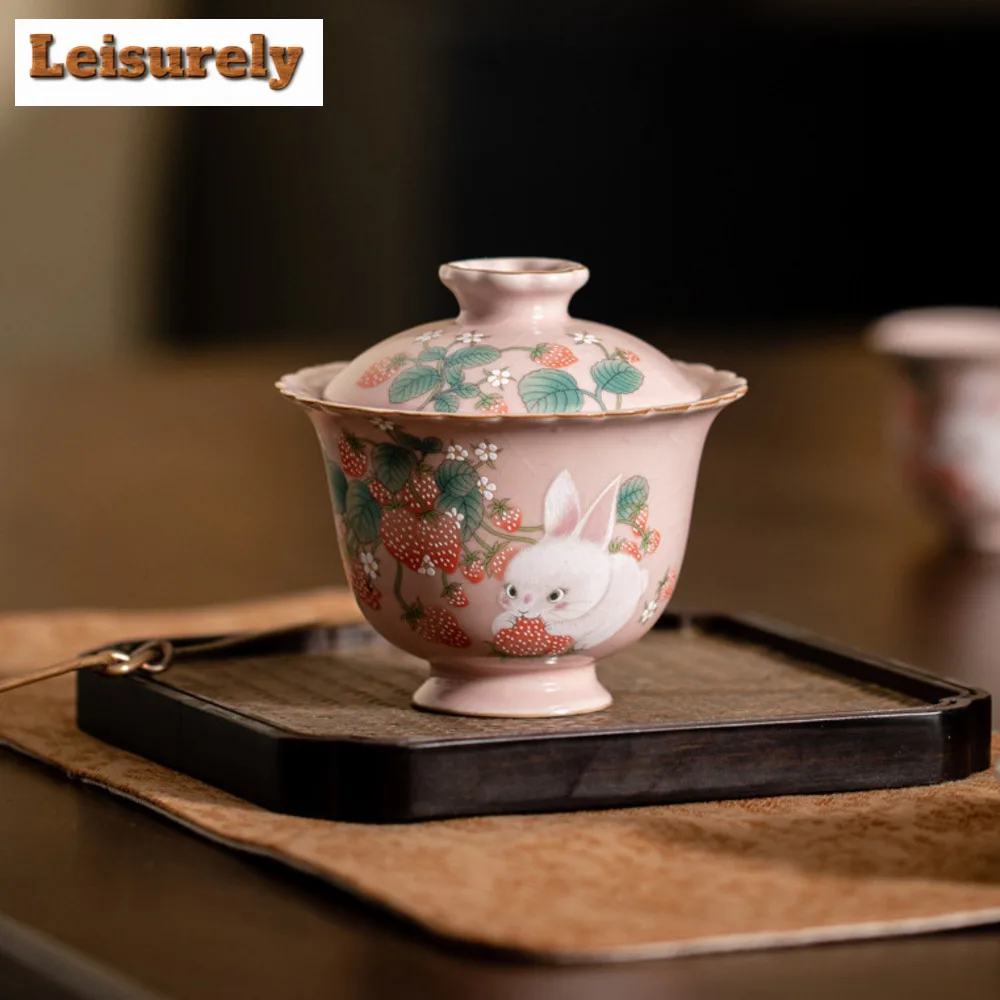 100ml Boutique Pink Ru Kiln Gaiwan Luxury Strawberry Rabbit Tea Tureen Household Tea Maker Cover Bowl for Accessories Gift