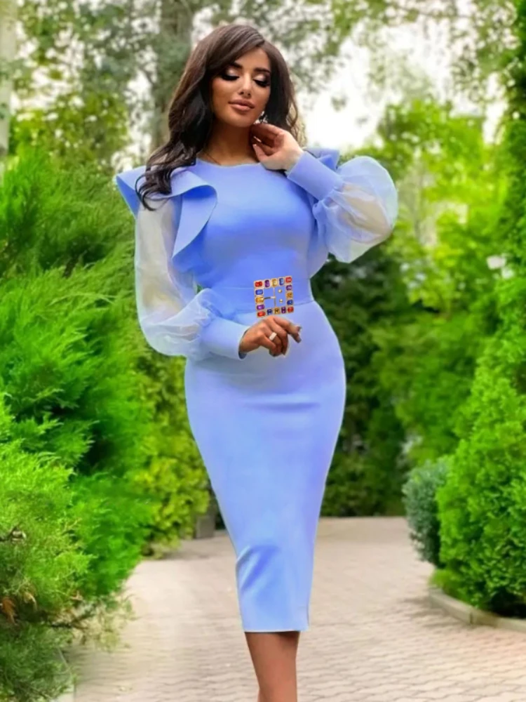 Ruffle Bodycon Dresses for Women Long Tulle Sleeve See Through Elegant Curve  Ladies Office Events Christmas Plus Size Party Robe|Dresses| - AliExpress