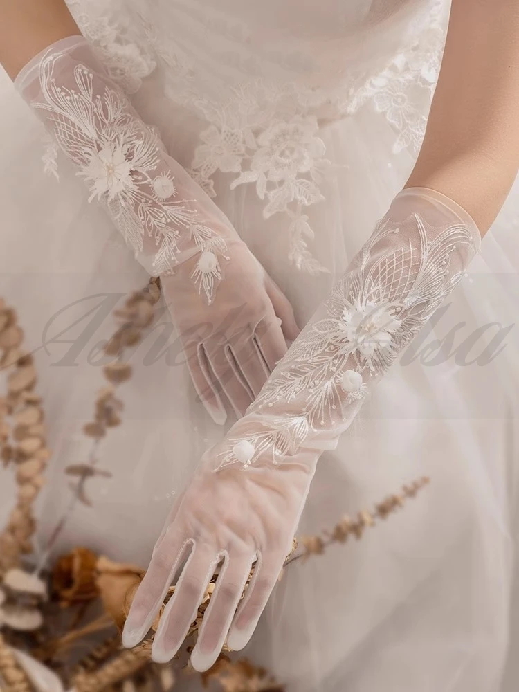 New Design Women Wedding Party Gloves Flower Full Finger Elbow Length Bride Bridal Accessories Evening Prom Formal Glove