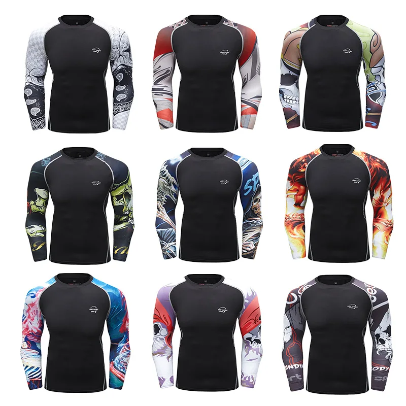 Gym Compression Shirt Mens Fitness Running Shirt Long Sleeve Quick Dry Fit Sport Basketball Jersey MMA Muay Thai Boxing T-Shirt